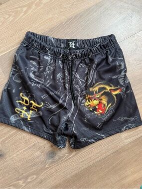 Ed Hardy Black and Gray Logo Elastic Waist Mesh basketball/swim Shorts